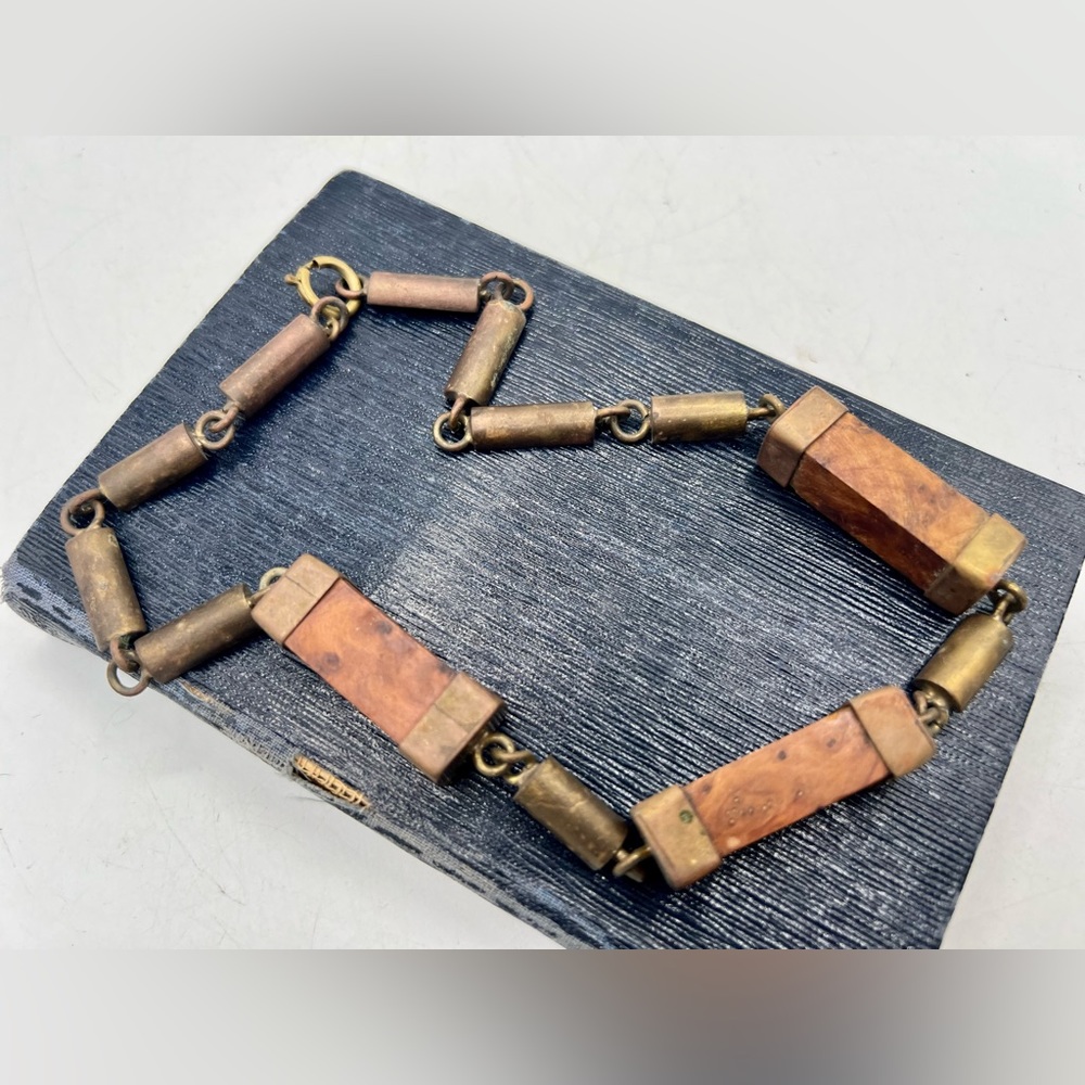 Vintage brutalist TRIKA 16” brass and wood block bead necklace - Picture 6 of 13